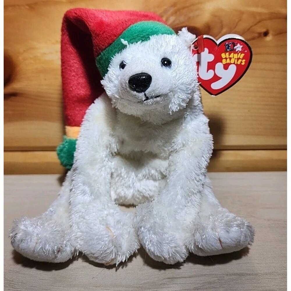 Ty Beanie Baby Retired 2003 "Snowdrift" Polar Bear Wearing A Christmas Hat